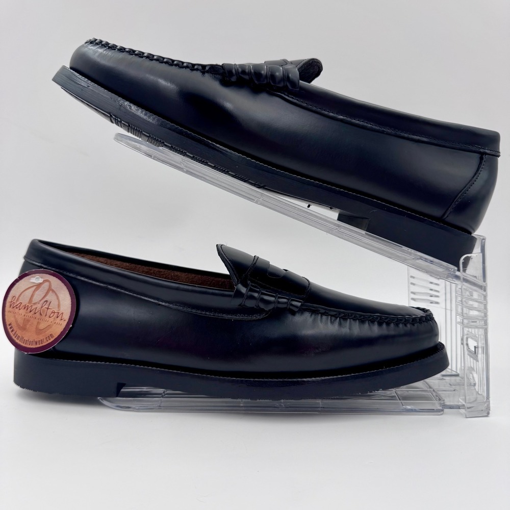 NWT Hamilton Men 12 Black Pig Leather Penny Loafers Handmade Moc Toe Dress Shoes - Picture 4 of 10